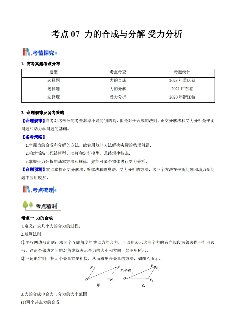 【考点帮】考点07力的合成与分解 受力分析（核心考点精讲精练）-I LOVE 9 8 5